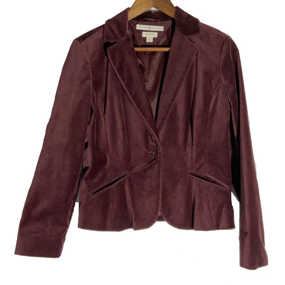 Tommy Hilfiger Burgundy Velvet Cropped Button Long Sleeve Long V-Neck Blazer Med